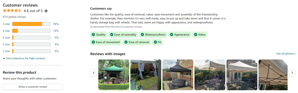 Customer reviews on Amazon for All Seasons Gazebos